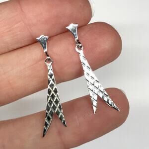 VTG Atomic Sterling Silver Quilted Diamond Cut Modernist Art Deco Drop Earrings